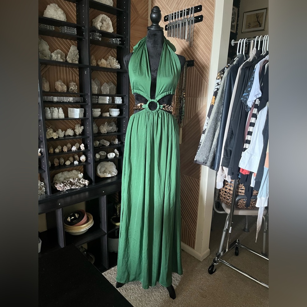 Emerald Green Goddess Gold Chain Feel This Way Satin Maxi Dress NWT